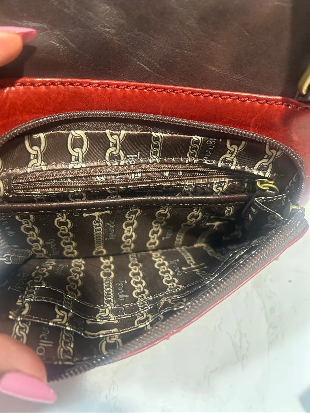 Tignanello Red and Brown Leather Crossbody Bag